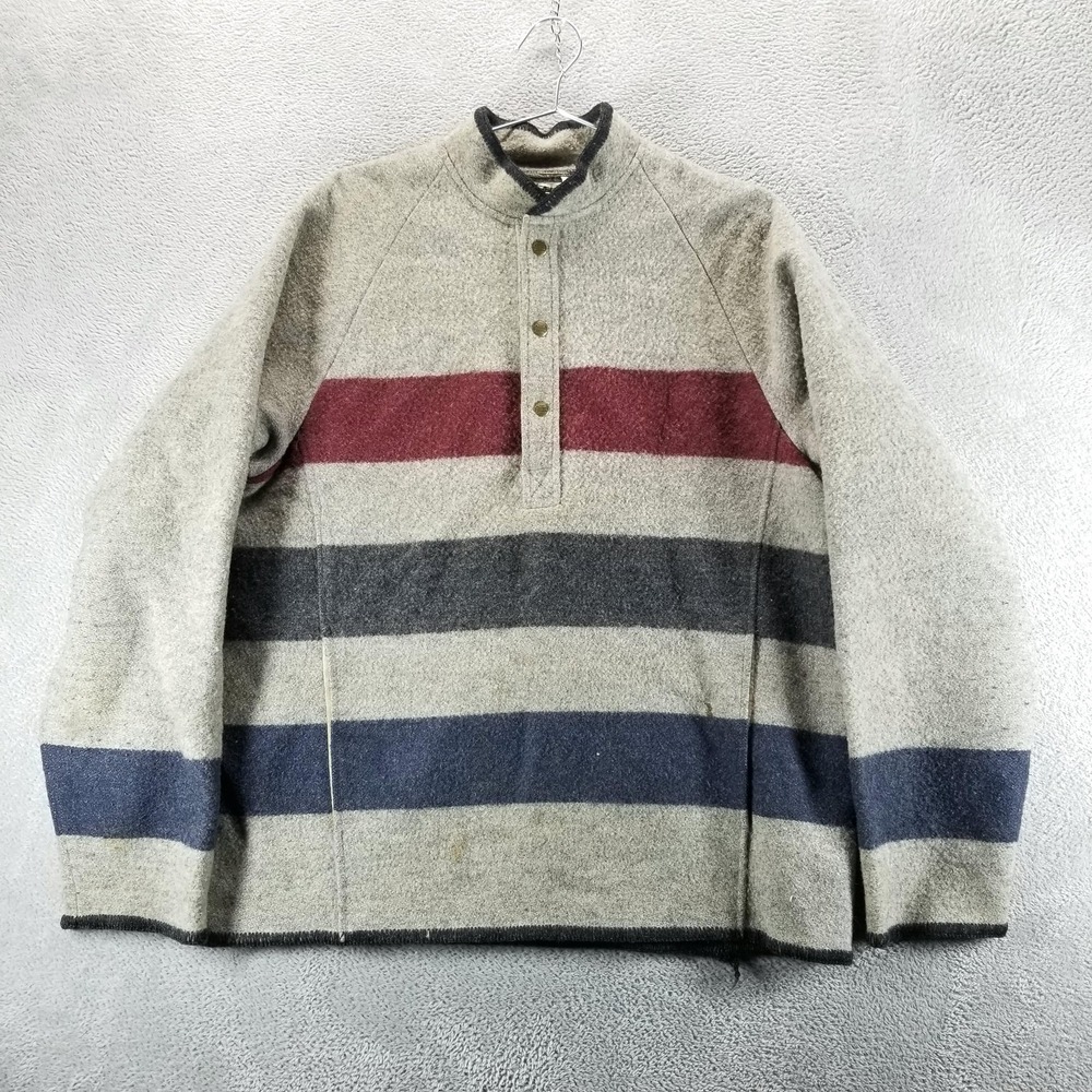 VTG‎ Woolrich Sweater Mens L Gray Striped Mock Neck 1/2 Snap Made in USA 90s